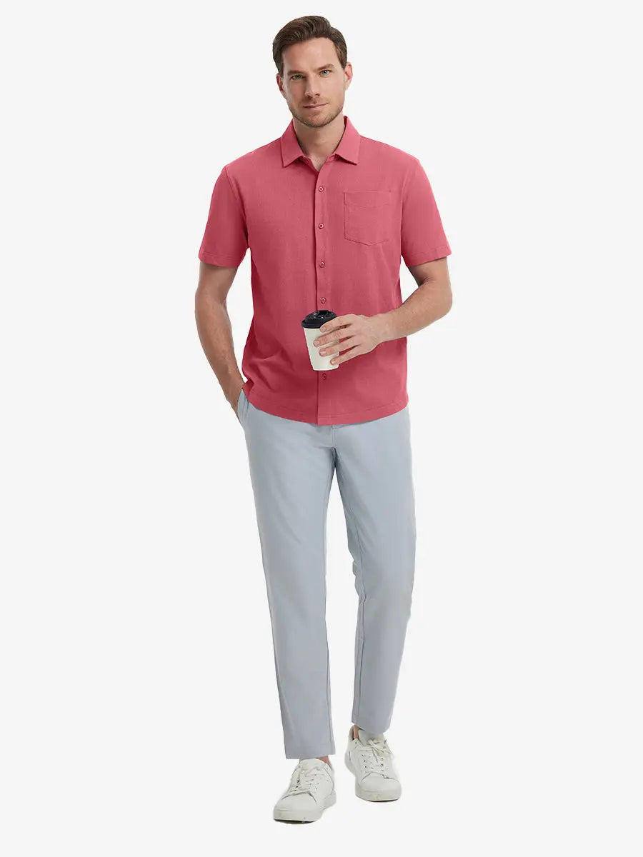 Full-body view of model holding takeaway drink cup in ROSE Cotton Blend Plain Shirt.