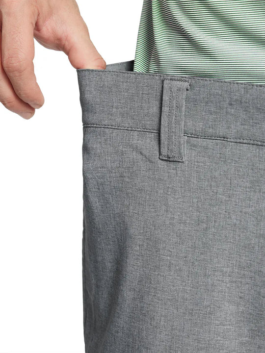 LIGHT GREY 9 Inch Heather Performance Golf Shorts close-up of waistband and button detail