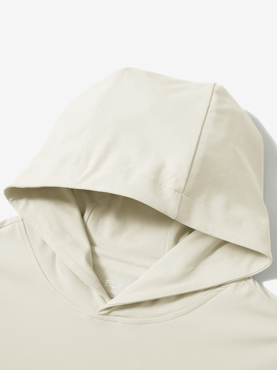 Hood detail of the cream dry fit stretchy sweatshirts hoodie, showing smooth fabric and neat seams.