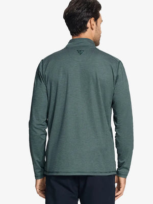 Back half-body view of model in Pinstripe Quarter Zip Pullover, showing back detail – DARK GREEN MELANGE