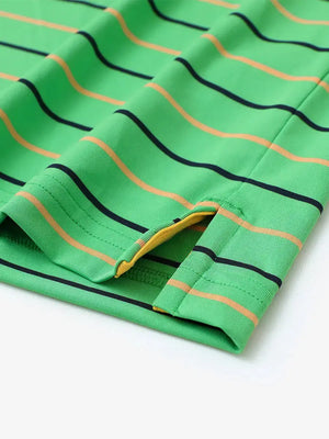 Hem detail of trendy boys stripe polo shirts, fine finish with subtle green stripe touch