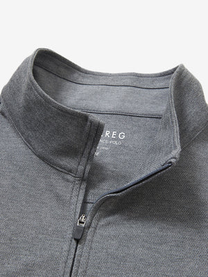 Collar close-up of Premium jacquard quarter zip pullover with zip detail in grey