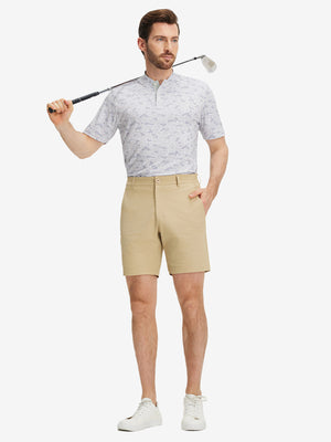 Full front: model in brown grey camo stretch printed collarless henley golf shirts holding golf club.