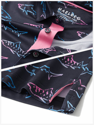 Detail: collar and hem slit of ombre shark performance print boys golf polo