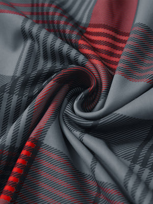 Full print lightweight quarter zip pullover, close-up of smooth fabric with detailed print in redblack check