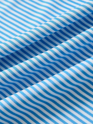 Texture close-up of Kids stripe golf polos with soft fabric and bright sky blue stripe stripes