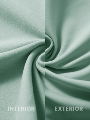 Close-up of the inner and outer fabric of kids soft lightweight fleece lined jacket in dusty green.