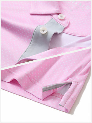 Detail shot of collar and hem of pink white tee performance quick dry print golf polos