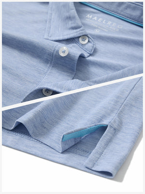 Detail shot of collar and hem of light blue ultra-light quick dry moisture wicking collared polo shirt