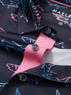 Detail shot of the collar on the ombre shark 4 way stretch print collared polo shirt, emphasizing the classic neckline design