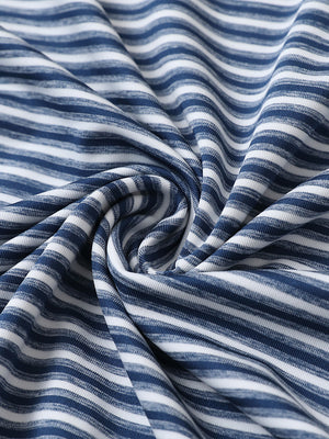 Close-up of dark blue stripe sport fit stripe polo fabric showing crisp horizontal stripes and smooth, breathable texture.