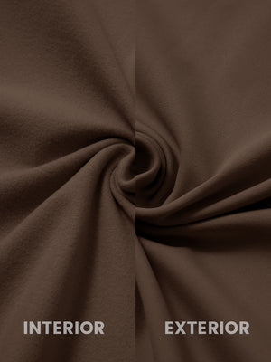 Close-up of inside and outside fabric of lightweight casual fleece jacket with 5 pockets in coffee brown.