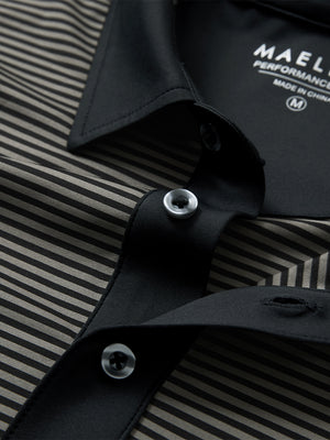 Detail: collar opening of black stripe upgraded two-tone striped quick dry polo shirt
