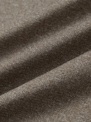 Close-up fabric detail of moisture wicking quarter zip pullover, smooth knit and quick-dry feel in brown melange