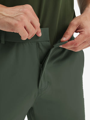 Detail view of the zipper on the grey green stretch soft flat front dress golf shorts, highlighting secure closure