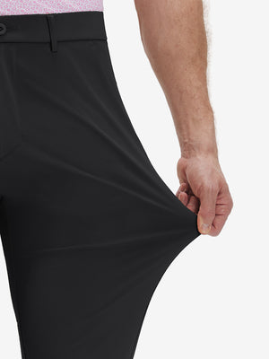 Detail view of pants elasticity on black breathable casual slacks with 4 pockets