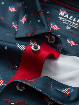Detail shot of the collar on the american flag eagle 4 way stretch print collared polo shirt, emphasizing the classic neckline design