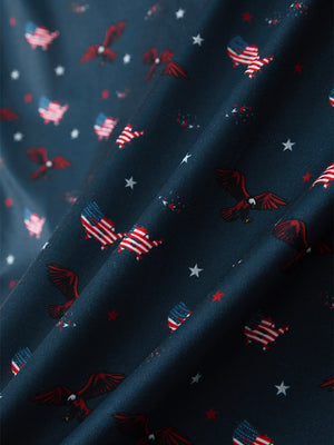 Macro view of the american flag eagle 4 way stretch print collared polo shirt fabric, showcasing the unique print design