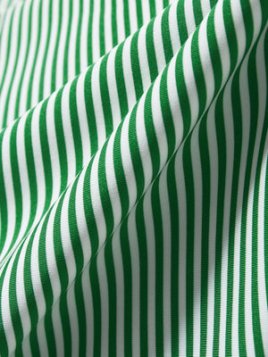 Close-up of emerald stripe upgraded two-tone striped quick dry polo shirt, showcasing texture and print details.