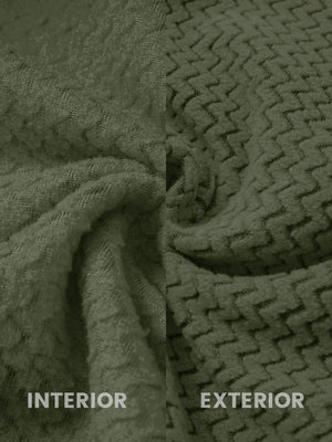 Close-up of the inner and outer fabric of full zip fleece hoodied jacket in green, showing exture and finish