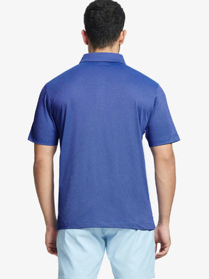 Rear half-body shot showing the fit and silhouette of the PLUM BLUE Performance Ananas Jacquard Polo