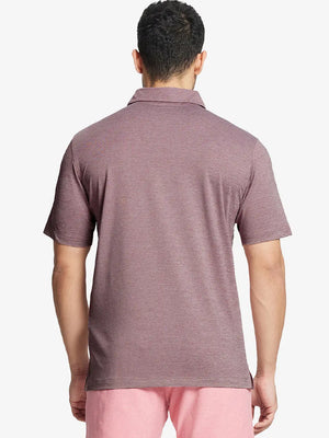 Rear half-body view showing fit and jacquard pattern of Ventilated Heather Jacquard Polo – DUSTY ROSE HEATHER