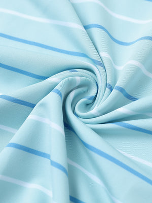 Fabric close-up of trendy boys stripe polo shirts, soft texture and breathable iced aqua stripe feel