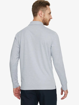 Faded Denim Heather Skin-friendly Long Sleeve Melange Polo – back half-body view on model