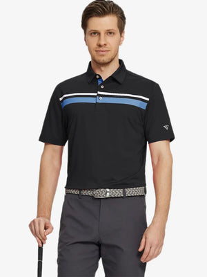 Model posing with golf club in Black Chest Print Polo Shirts