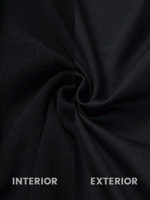 Inside and outer fabric close-up of black lightweight water resistant puffer vest, quilted shell with soft lining.