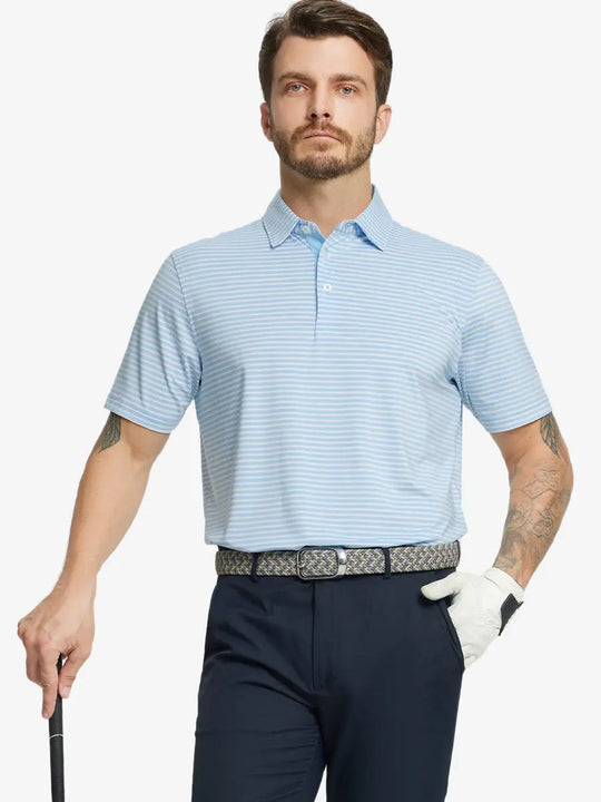 Front half-body shot of model holding golf club, wearing Sport Fit Stripe Polo in Blue Denim Stripe