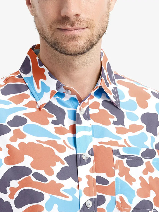 Front view from nose to chest wearing BLUE ORANGE CAMO Stylish Printing Summer Shirt.