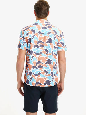 Full-body front view holding a takeaway drink cup, wearing BLUE ORANGE CAMO Stylish Printing Summer Shirt.