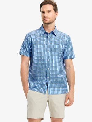 Front half-body view wearing BLUE WHITE BONEFISH Stylish Printing Summer Shirt.