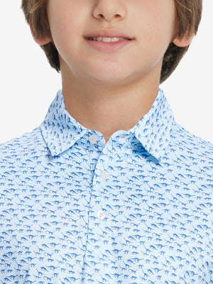 Collar close-up of Stylish print boys polo shirts with neat stitching in blue dinosaur