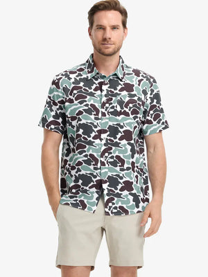 Front half-body view wearing BROWN GREEN CAMO Stylish Printing Summer Shirt.