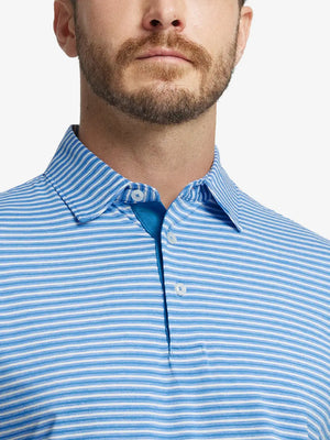 Front close-up shot of model from nose to chest wearing Sport Fit Stripe Polo in Classic Blue Stripe