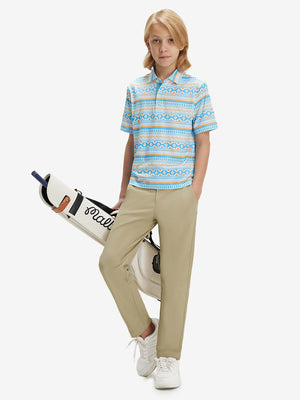 Full-body front view of model wearing the khaki youth water resistant cotton blend golf pants for a complete look