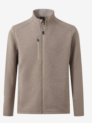 3D front view of textured insulated winter jacket showing insulated layers and sleek design, light brown heather.