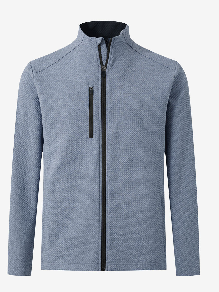 3D front view of textured insulated winter jacket showing insulated layers and sleek design, blue heather.