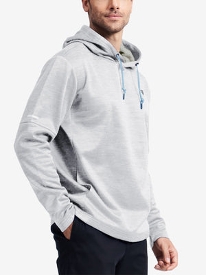 Side view of a model wearing the ash grey heather Heather Fleece Hoodies Pullover
