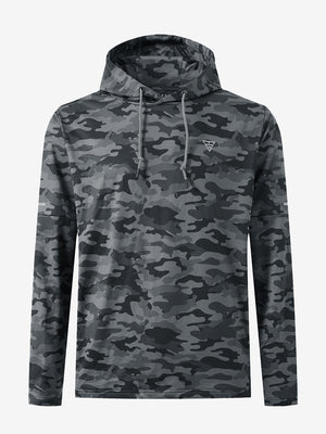 Front 3D view of trendy print fleece hoodies, clean silhouette in modern dark camouflage design