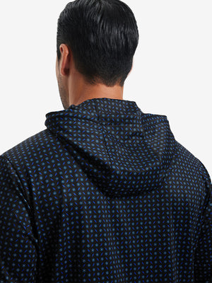 Back upper body view of trendy print fleece hoodies, showing structure and navy flowerlet tone
