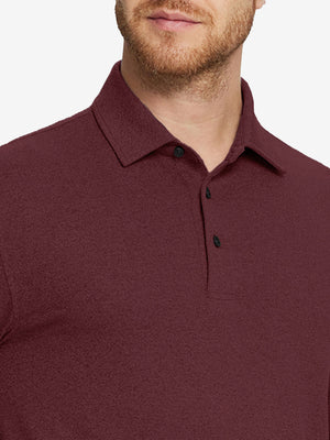 Collar detail of Skin-friendly long sleeve melange polo with soft touch in burgundy