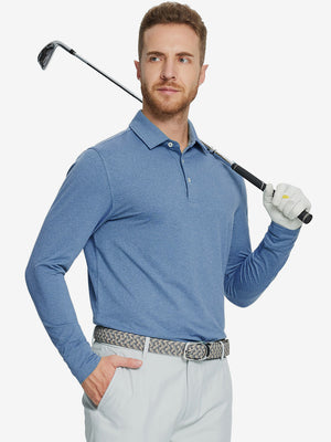 Model holding golf club wearing Skin-friendly long sleeve melange polo in clean blue heather