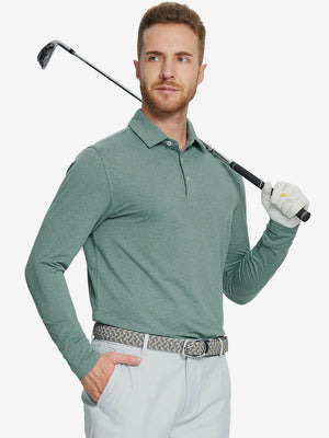 Model holding golf club wearing Skin-friendly long sleeve melange polo in clean dark green heather