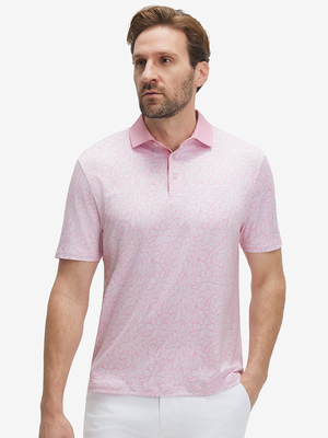 Front half-body of model in pink artichoke lightweight stretch upgraded print golf polo shirts