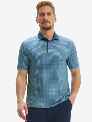 Front half-body of model in blue small flower lightweight stretch upgraded print golf polo shirts