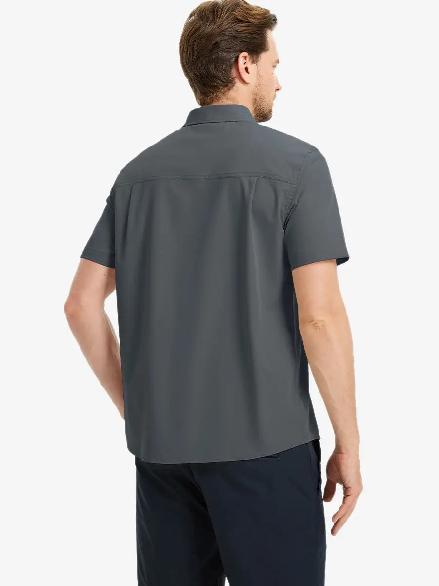 Half-body back view displaying the clean lines of the DARK GREY polo.