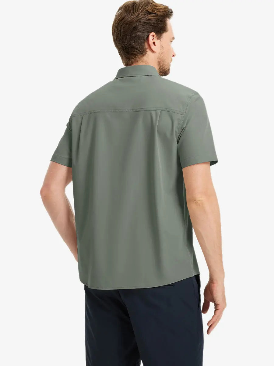 Half-body back view displaying the clean lines of the OLIVE GREEN polo.